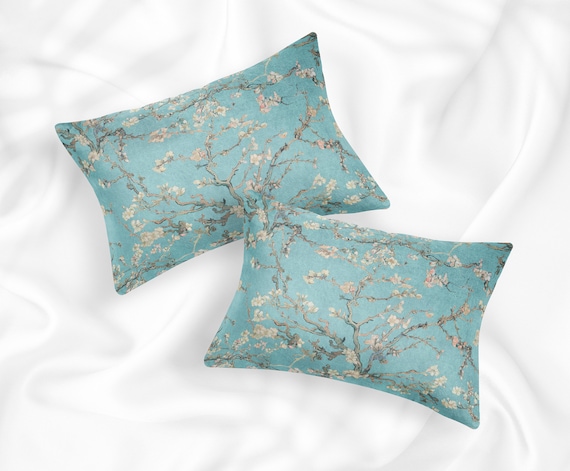 Van Gogh Almond Blossom 100 % Mulberry Silk or Cotton Sateen Pillow Sham Standard King Size Pillowcase for Hair and Skin Robin Duck Egg Blue