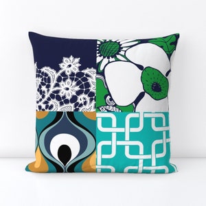 May include: Square throw pillow with a patchwork design. The pillow features four distinct sections: navy blue with white lace, a white flower with green accents, a teal and navy abstract pattern, and a turquoise geometric design. The pillow is a decorative home accent.