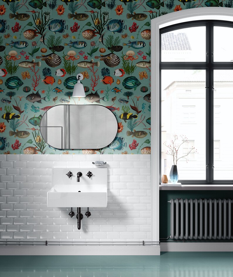 Ocean Fish Wallpaper Duck Egg Teal Coral REMOVABLE Peel and Etsy