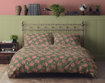 Vintage Poppy 100% Cotton Sateen Bedding Duvet Cover Pillow sham Flat Fitted Sheet king queen full twin salmon peach pink sage green