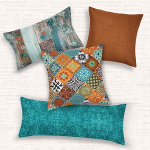 Vintage Mix Orange Teal Blue Rust Brown Throw Pillows Velvet Linen Cotton Mix and Match Indoor Outdoor Cushion cover Accent Couch Toss Patio