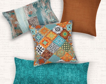 Vintage Mix Orange Teal Blue Rust Brown Throw Pillows Velvet Linen Cotton Mix and Match Indoor Outdoor Cushion cover Accent Couch Toss Patio