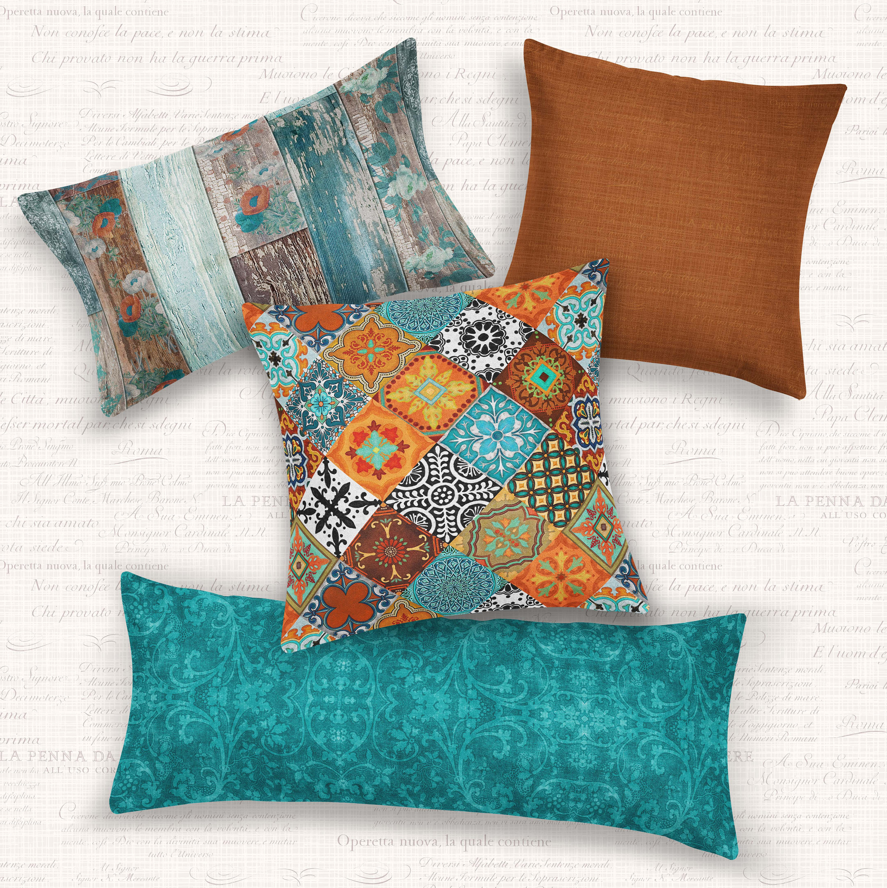 Vintage Mix Orange Teal Blue Rust Brown Throw Pillows Velvet Linen