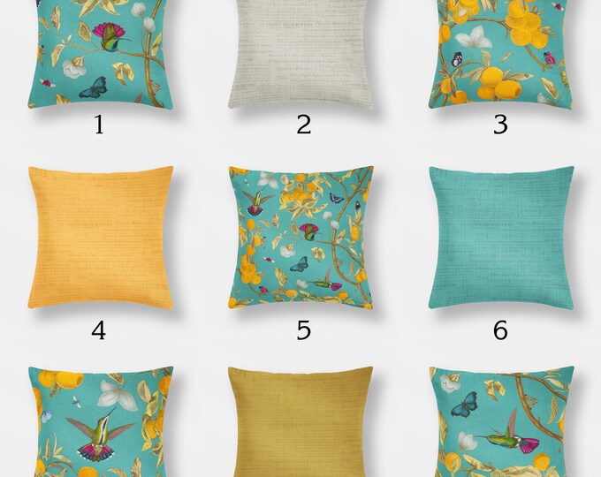 Hummingbirds, Lemons and Bugs in Yellow Aqua blue Throw Pillows Mix and Match Indoor Outdoor Cushion cover Accent Couch Bedding Living Room