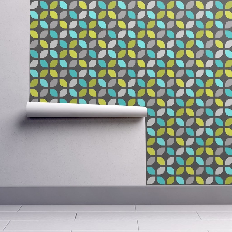 Retro Trellis Wallpaper REMOVABLE Peel and Stick SelfAdhesive repositionable EASY INSTALL woven Custom Size Reusable decal grey lime aqua