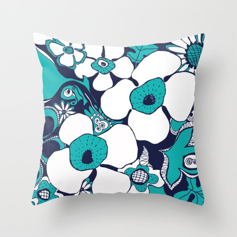 Turquoise Navy Blue White Throw Pillow Mix and Match Indoor Etsy