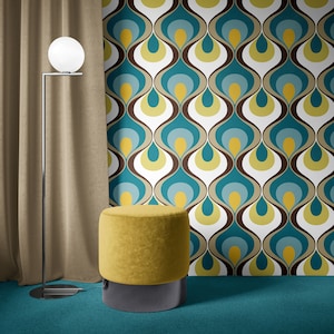 Retro Mood Wallpaper REMOVABLE Peel and Stick Self Adhesive repositionable EASY INSTALL woven Custom Size Reusable decal mustard blue brown