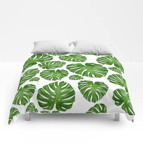 Monstera Leaf Duvet Cover Or Comforter White Green Bedding Etsy