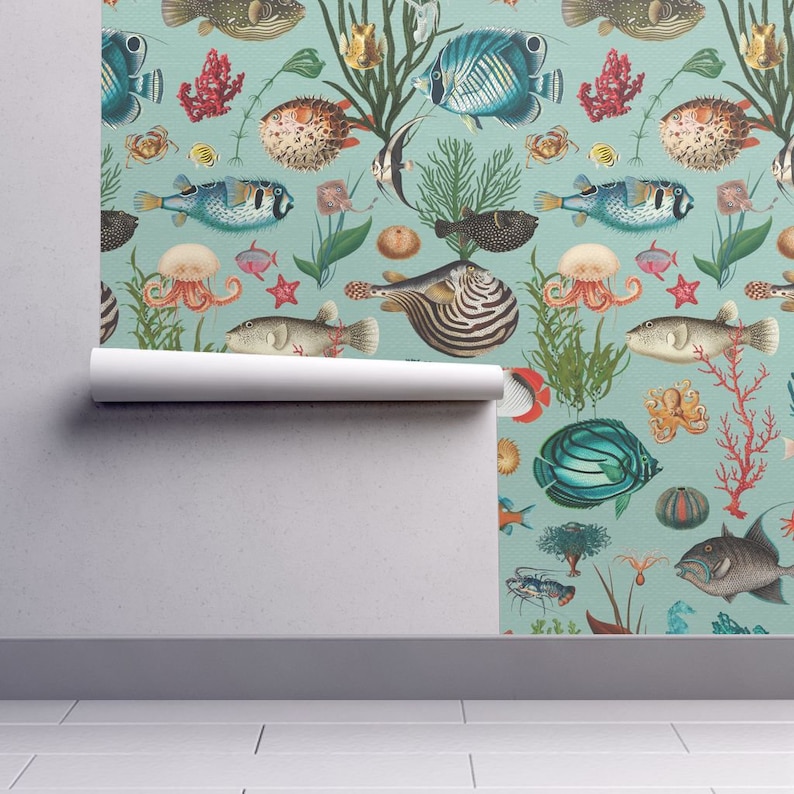 Ocean Fish Wallpaper Duck Egg Teal Coral REMOVABLE Peel and Etsy