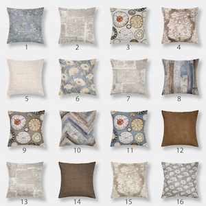 May include: A set of 16 decorative throw pillow covers featuring various patterns and designs. The patterns include clocks, floral, wood grain, and abstract designs. The colours are mostly neutral, with shades of brown, beige, blue, and grey.