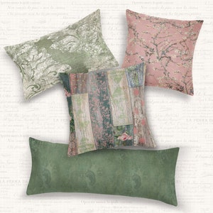 Vintage Mix Pink Cream Sage Olive Green Throw Pillows Velvet Linen Cotton Mix and Match Indoor Outdoor Cushion cover Accent Couch Toss Patio