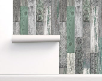 Vintage Wood Tiles Random Wallpaper Green Grey White REMOVABLE Peel and Stick Self Adhesive PrePasted repositionable EASY INSTALL Custom