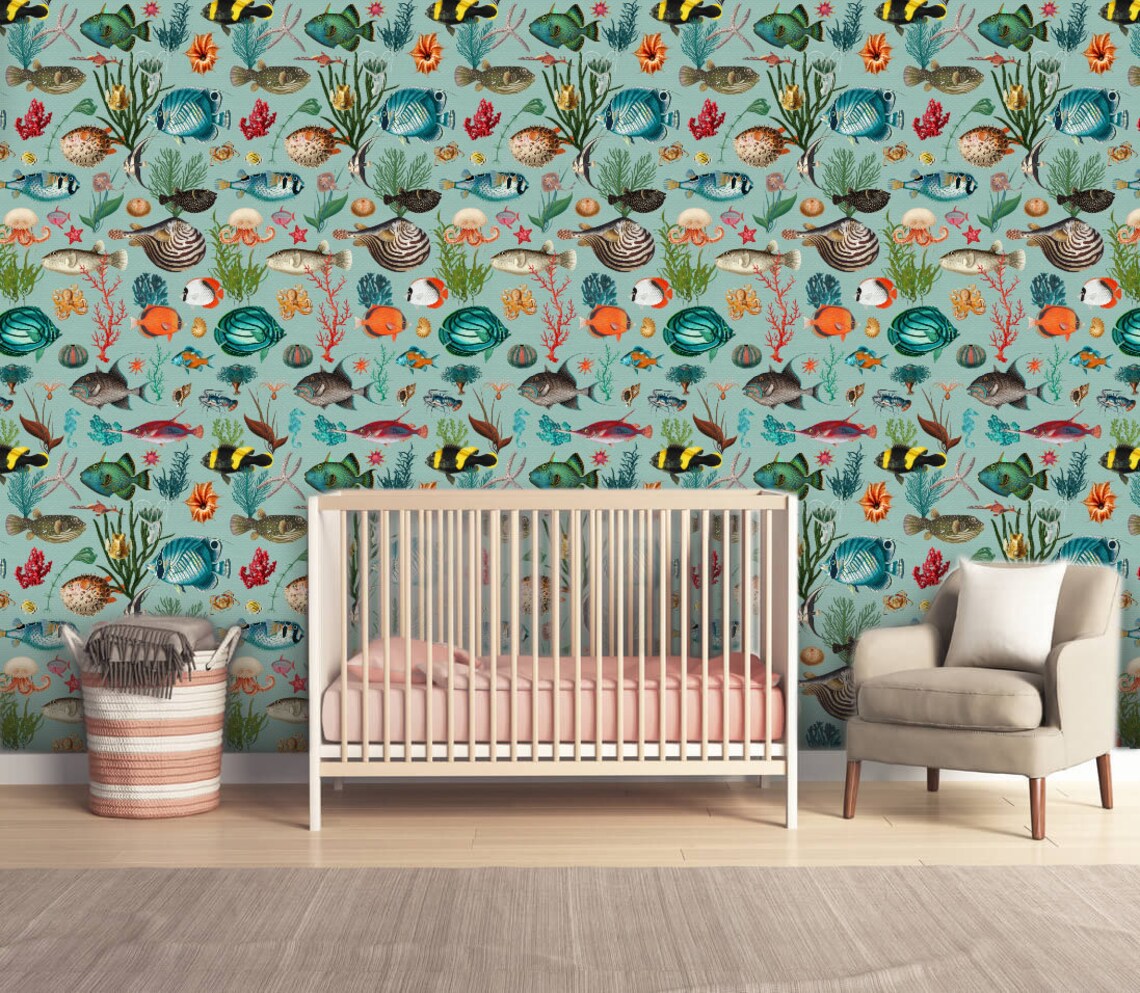 Ocean Fish Wallpaper duck egg teal coral REMOVABLE Peel and Etsy