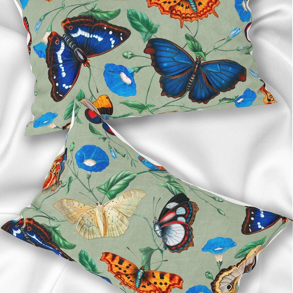 Morning Glory with Butterflies in sage 100 % Mulberry Silk or Cotton Sateen Pillow Sham Standard King Size Pillowcase Hair Skin cobalt blue