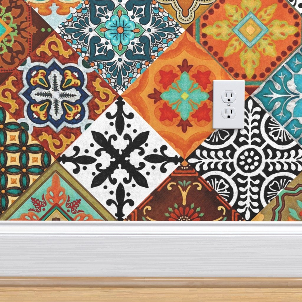 Talavera Tiles L Wallpaper Burnt Orange Blue Removable Peel Etsy