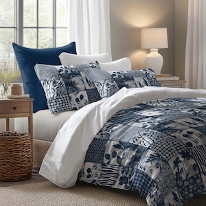 May include: A bed with a navy blue pillow, white pillows, and a patchwork quilt in shades of blue and white. The quilt features various patterns, including floral and geometric designs. A white lamp sits on a nightstand.