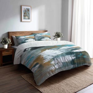 Abstract Watercolor Aqua Teal Mustard 100% Cotton Sateen Bedding Duvet Cover Pillow sham Pillow sleeve case standard king queen full twin