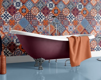 Talavera Tiles L Wallpaper Orange Burgundy Iris Blue Removable Peel and Stick Self Adhesive or PrePasted repositionable EASY INSTALL bright