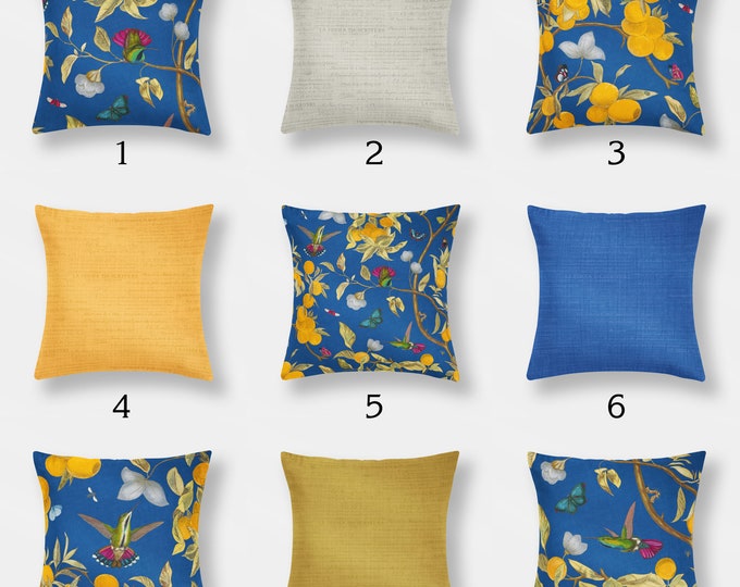 Hummingbirds, Lemons and Bugs in Yellow Royal blue Throw Pillows Mix and Match Indoor Outdoor Cushion cover Accent Couch Bedding Living Room