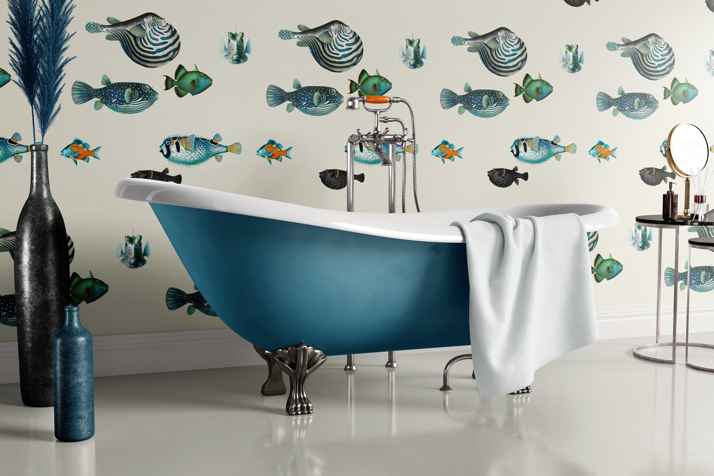 Blue Washstand with Blowfish Wallpaper  Transitional  Bathroom