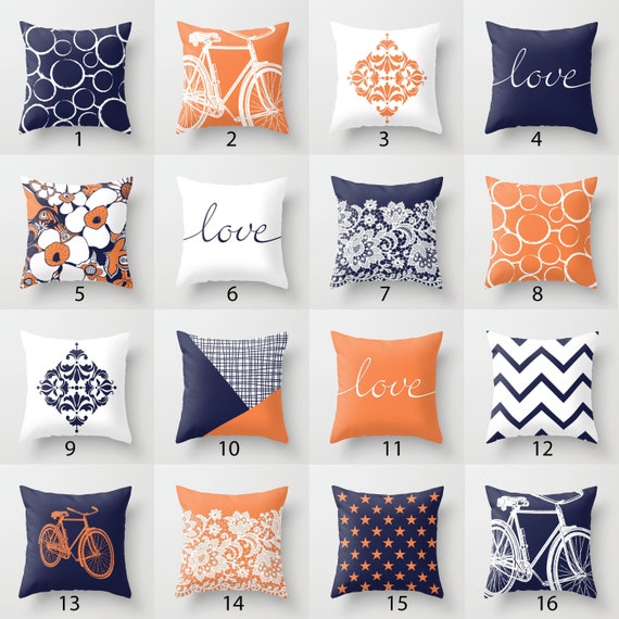 Orange Navy Blue White Throw Pillow Mix and Match Indoor Outdoor