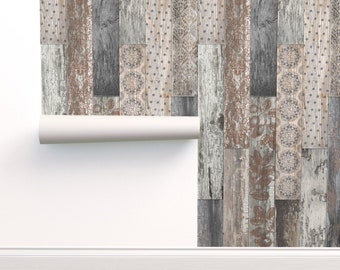 Vintage Wood Tiles Random Wallpaper Grey Brown REMOVABLE Peel and Stick Self Adhesive or PrePasted repositionable EASY INSTALL woven Custom
