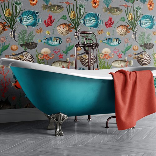 Ocean Fish Wallpaper Grey Teal Coral Red REMOVABLE Peel and - Etsy Sweden Ocean Fish Wallpaper Grey Teal Coral Red REMOVABLE Peel and - Etsy Sweden