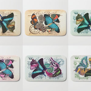 Vintage Postcard BUTTERFLY Bath Mat Kitchen Plush Rug Memory Foam Retro Bathroom Turquoise Aqua Mint Royal Blue Orange Black Antique black