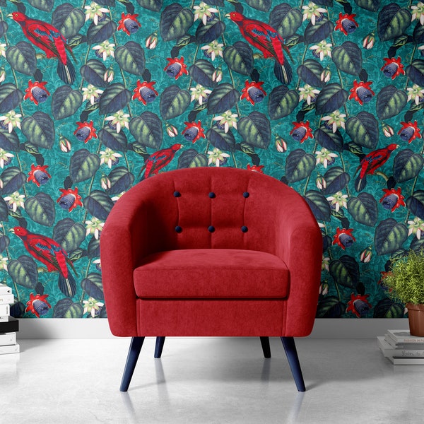 Bohemian Paradise with Birds Teal Blue Red Green Wallpaper REMOVABLE Peel n Stick Self Adhesive PrePasted repositionable EASY INSTALL decal