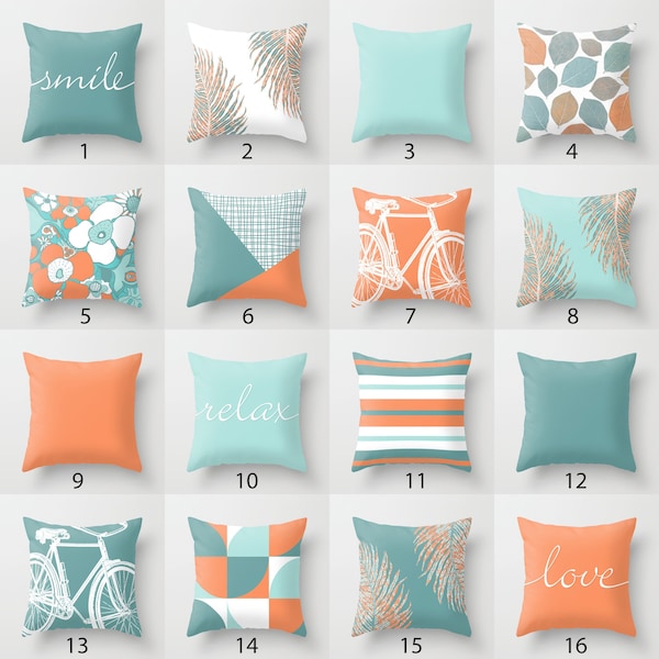 Orange Mint Aqua Blue Throw Pillow Mix and Match Indoor Outdoor Cushion cover Accent Couch Toss Burnt White Tangerine Teal Duck Egg tropical