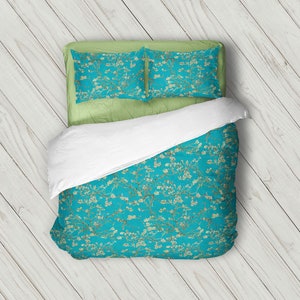 Van Gogh Almond Blossom Teal Sage Green 100% Cotton Sateen Bedding Duvet Cover Pillow sham Pillow sleeve case standard king queen full twin