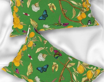 Hummingbirds, Lemons and Bugs 100 % Mulberry Silk or Cotton Sateen Pillow Sham Standard King Size Pillowcase for Hair and Skin kelly green