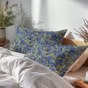 Van Gogh Irises cobalt blue moss green 100 % Mulberry Silk or Cotton Sateen Pillow Sham Standard King Size Pillowcase for Hair and Skin