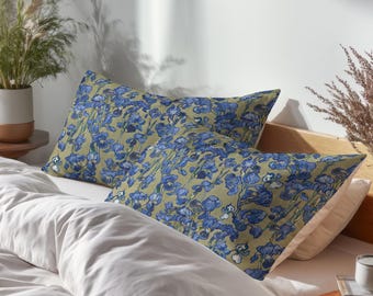Van Gogh Irises cobalt blue moss green 100 % Mulberry Silk or Cotton Sateen Pillow Sham Standard King Size Pillowcase for Hair and Skin