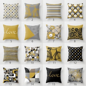 May include: A set of 16 throw pillow covers featuring various geometric, floral, and abstract patterns in shades of mustard yellow, black, and gray. The pillow covers are arranged in a grid pattern.