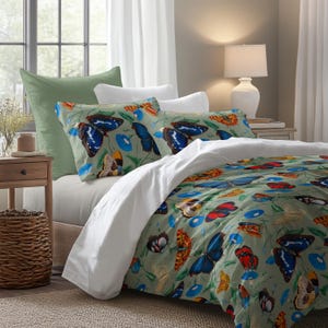 Morning Glory and Butterflies Bedding in sage green royal blue 100% Cotton Sateen Duvet Cover Pillow sham standard king queen full twin