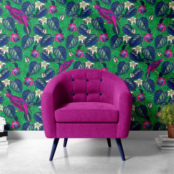 Bohemian Paradise with Birds Dark Magenta Navy Blue Green Wallpaper REMOVABLE Peel n Stick Self Adhesive repositionable EASY INSTALL decal