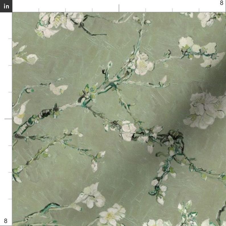 May include: A green background with a repeating pattern of white almond blossoms. The branches of the almond tree are depicted in a stylized, painterly manner.