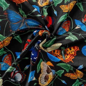 Morning Glory with Butterflies in black blue 100% mulberry silk fabric by the meter, Width 52 inch/132 cm Charmeuse Twill Habotai