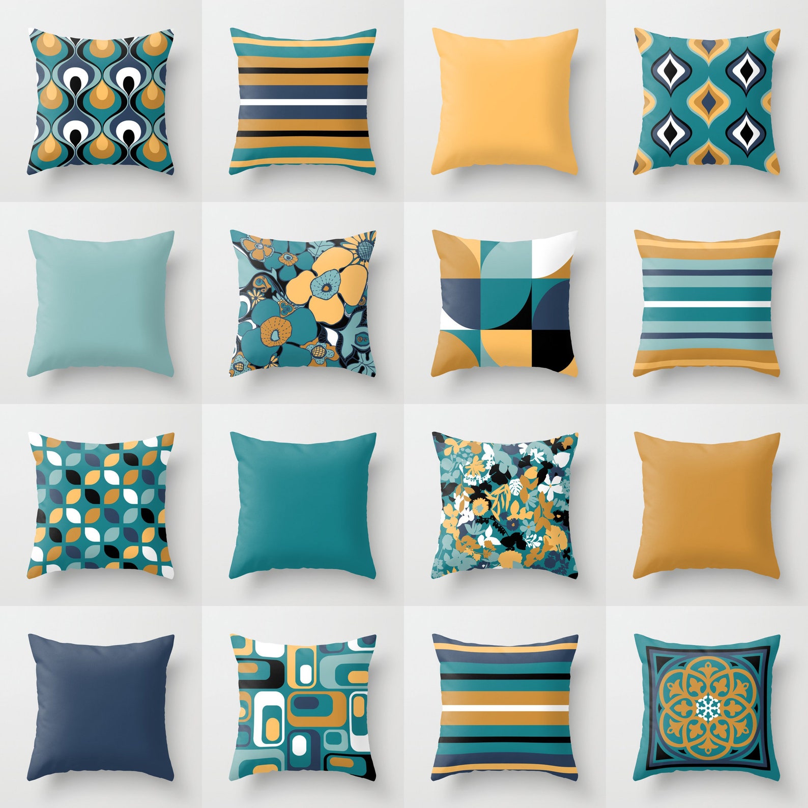 Mustard Yellow Teal Aqua Indigo Blue White Throw Pillow Mix Etsy