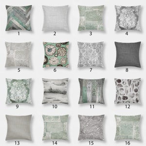 以下が含まれることがあります： グレーとグリーンの色合いで、さまざまなパターンとデザインが施された、装飾的なクッションカバー16個セット。パターンには、時計、貝殻、海の風景、抽象的なデザインが含まれています。