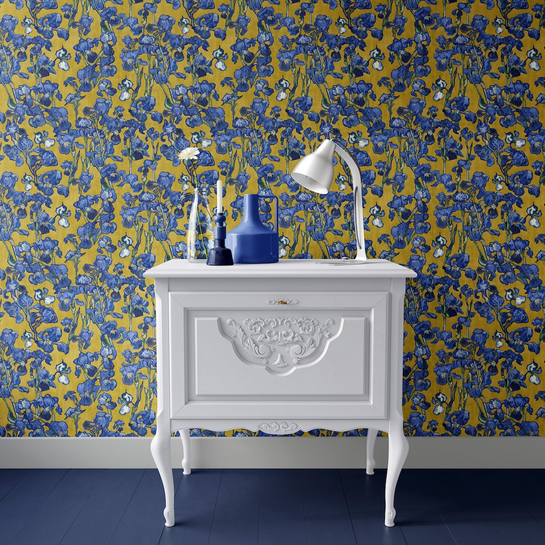 Van Gogh Irises Wallpaper Cobalt Blue Mustard Yellow REMOVABLE Peel and ...