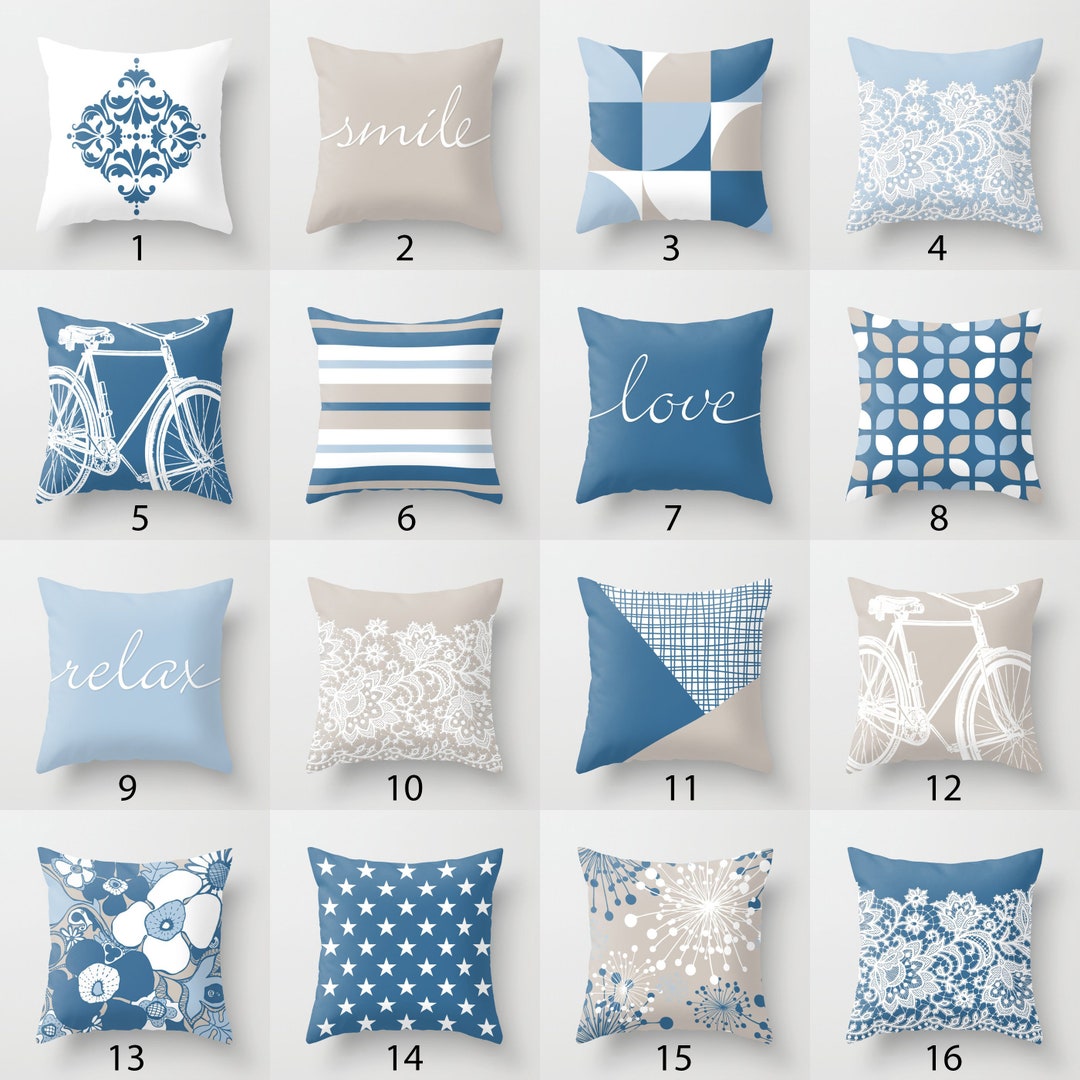 Beige Blue White Throw Pillow Mix and Match Indoor Outdoor Cushion Cover Accent Couch Toss Geometric Modern Bedding Living Room Steel Baby Etsy Canada
