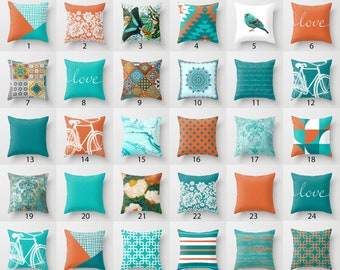 Orange and Teal Throw Pillow Mix and Match Indoor Outdoor Cushion cover Accent Couch Toss Burnt White Aqua Turquoise Blue Cream Green Yellow