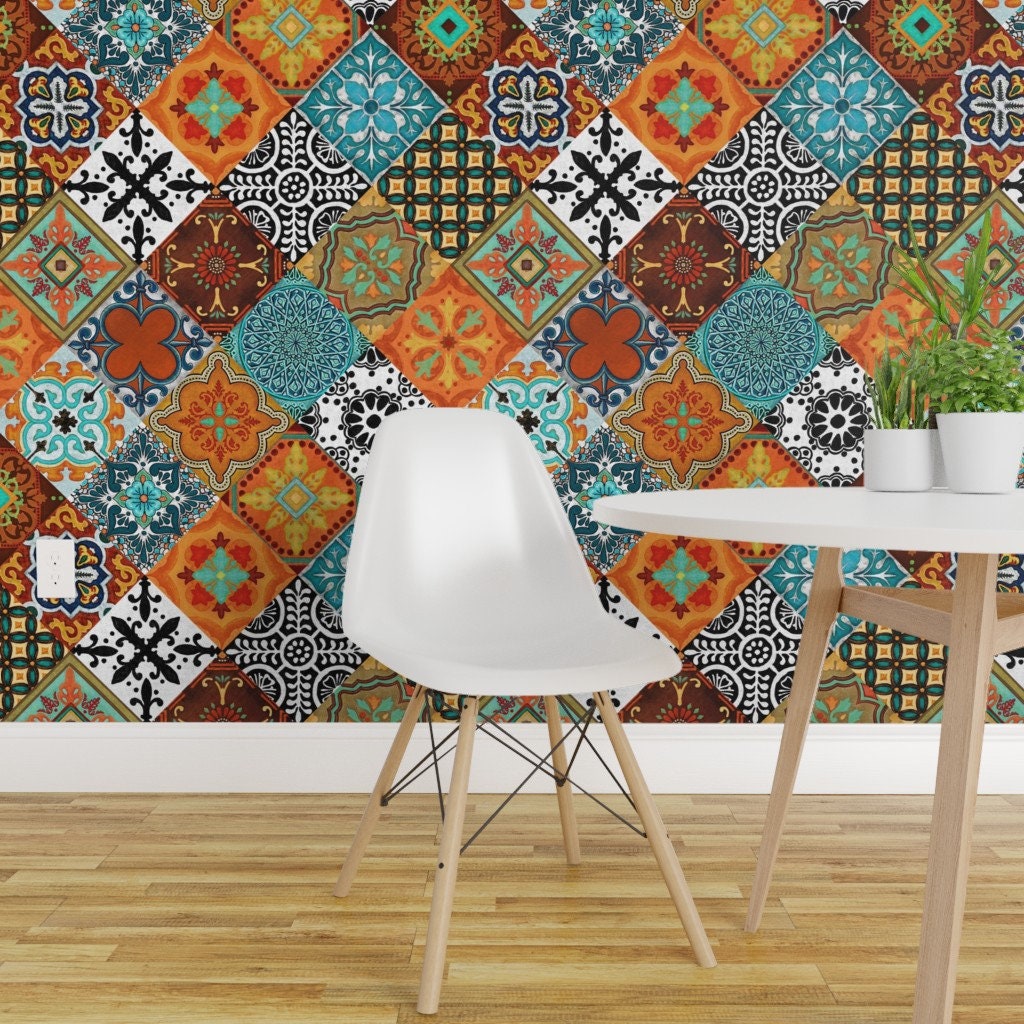 Talavera Tiles L Wallpaper Burnt Orange Blue Removable Peel Etsy
