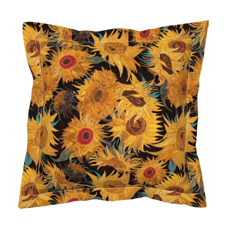 Van Gogh Sunflowers black yellow turquoise 100% Cotton Sateen Bedding Duvet Cover Pillow sham Flat Fitted Sheet king queen full twin saffron Flanged Sham 30"x30"