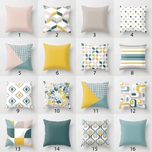 May include: A set of 16 decorative throw pillow covers featuring geometric patterns in shades of teal, yellow, and pink. The pillows are arranged in a grid pattern.