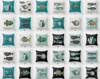 Cojín decorativo con diseño de pez de acuario, combinable para interior y exterior, color azul pato, aguamarina, negro, turquesa, naranja, verde azulado, azul, crema.