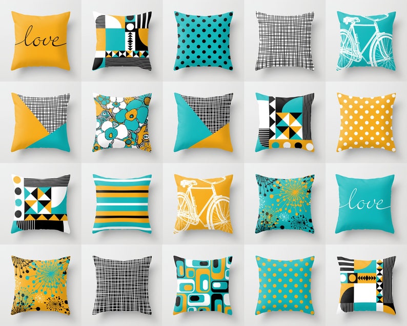 Black White Yellow and Turquoise Throw Pillow Mix and Match Etsy