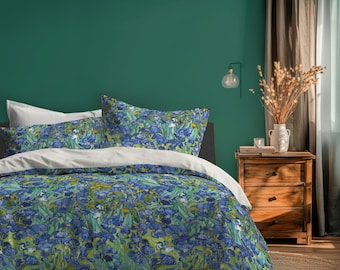 Van Gogh Irises Cobalt Blue Aqua Green 100% Cotton Sateen Bedding Duvet Cover Pillow sham sleeve case standard king queen full twin home
